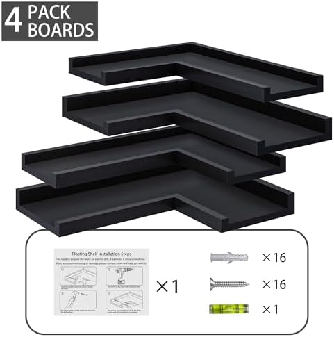 4 Tier Black Floating Corner Wall Shelf Set