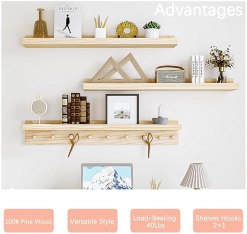 MBYD 36 Inch Floating Wood Shelf With Hooks
