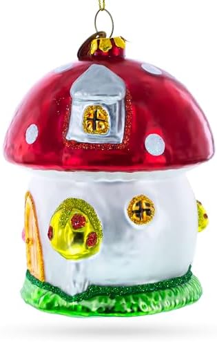 Whimsical Fairy Tale Mushroom House Glass Christmas Ornament 1
