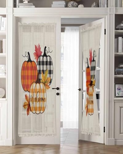 Orange Pumpkins French Door Curtain with Plaid Design