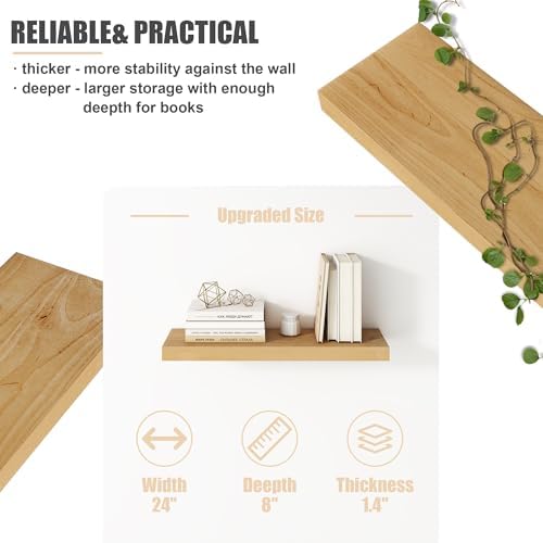 FLYJOE Floating Shelves Set of 2 24 Inch Natural Wooden Wall Mounts