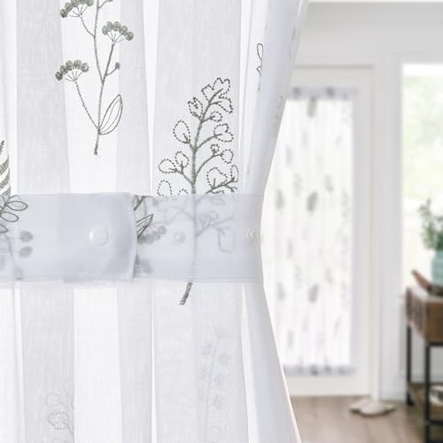 Jinchan French Sheer Door Curtain Panel 40 Inches Green on White