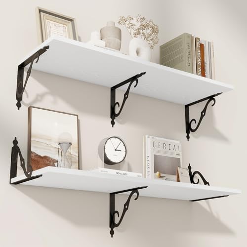 RICHFOCUS 12 Inch Deep Floating Shelves Set of 2 White Wood Wall Shelves