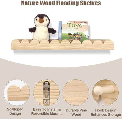 Floating Nursery Book Shelves with Hooks - Set of 3 20 Inches