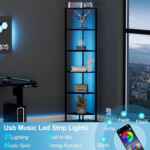 6-Tier Corner Shelf with Light and Storage