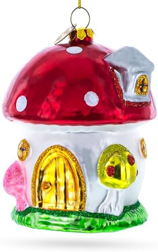 Whimsical Fairy Tale Mushroom House Glass Christmas Ornament 1