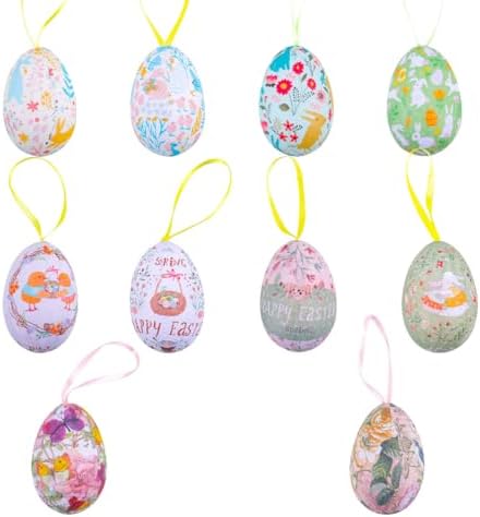 24PCS Easter Egg Ornaments with Floral Pattern and Hanging Ribbons