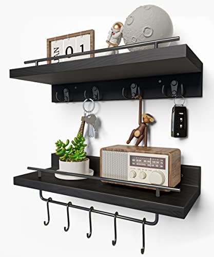 Wood Floating Shelves with 9 Hooks Black Set of 2