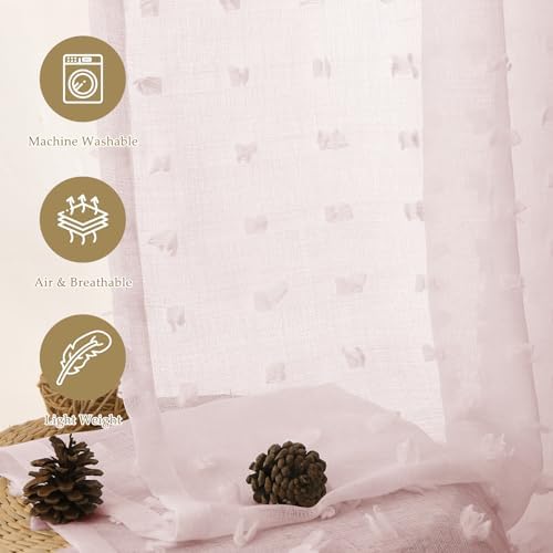 Guken Pink Grommet Pom Pom Sheer Curtains 54 Inch 2 Panels