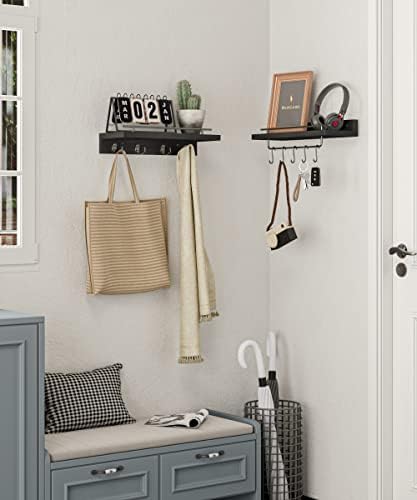 Wood Floating Shelves with 9 Hooks Black Set of 2