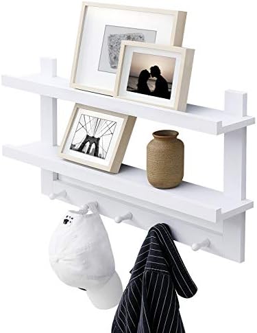 WELLAND 2 Tiers Floating Wall Shelf with 5 Hooks White