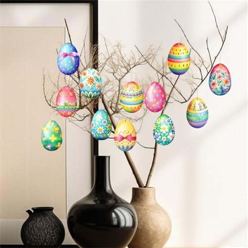Wooden Easter Egg Hanging Decorations 12Pcs Set