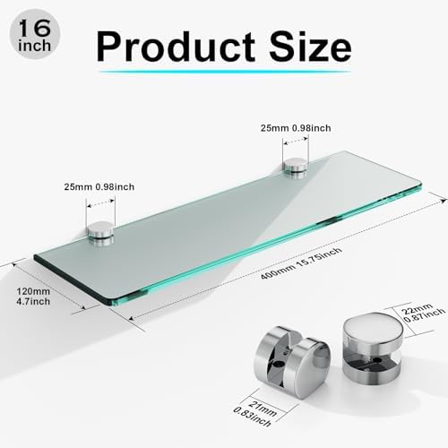 16 Inches Floating Glass Shelves 2 Pack Modern Wall Mount