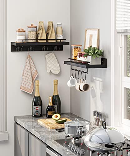 Wood Floating Shelves with 9 Hooks Black Set of 2