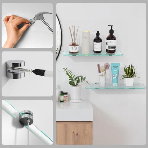 16 Inches Floating Glass Shelves 2 Pack Modern Wall Mount