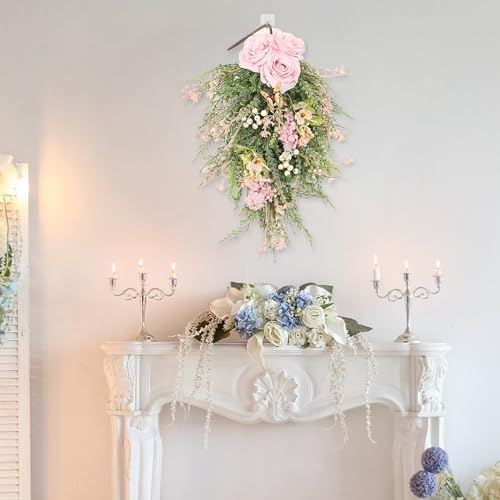 197 Inch Pink Artificial Rose Teardrop Swag Wreath with Butterflies