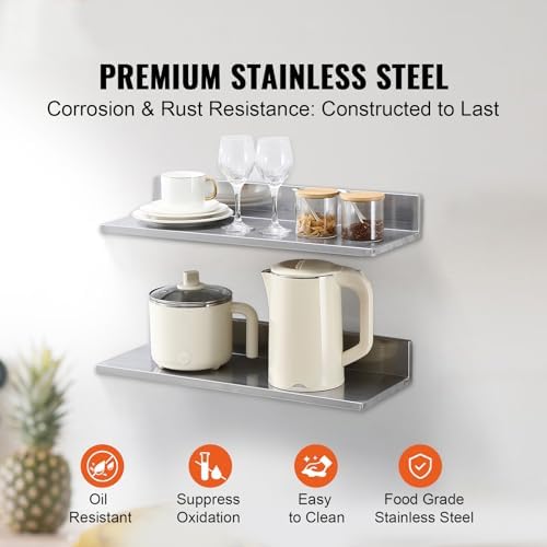 Happybuy 86 x 24 Stainless Steel Floating Shelf with Backsplash