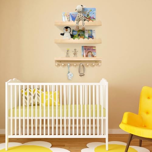 Floating Nursery Book Shelves with Hooks - Set of 3 20 Inches