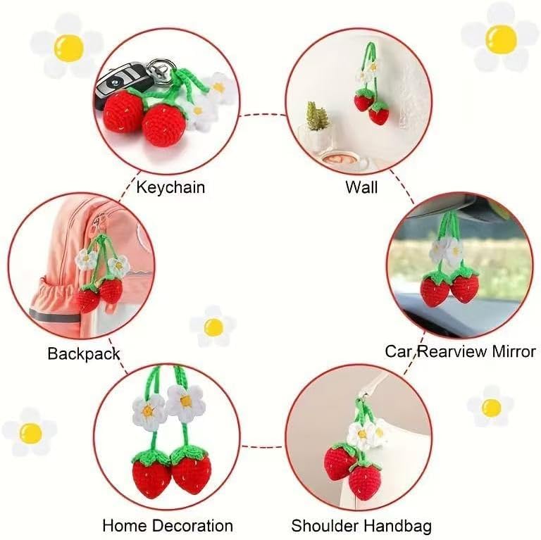 Aeykoasi Crochet Strawberry Car Mirror Accessories 2-Pack