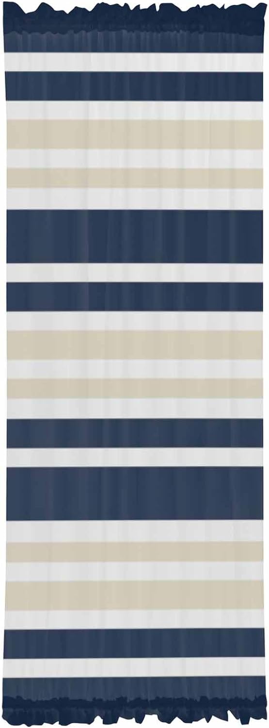 Navy Blue Khaki Striped French Door Curtain Panel