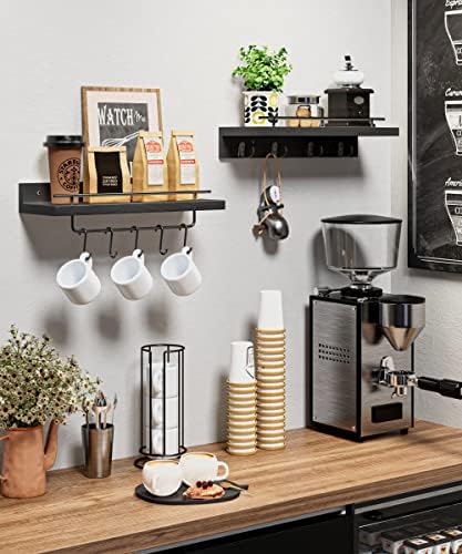 Wood Floating Shelves with 9 Hooks Black Set of 2
