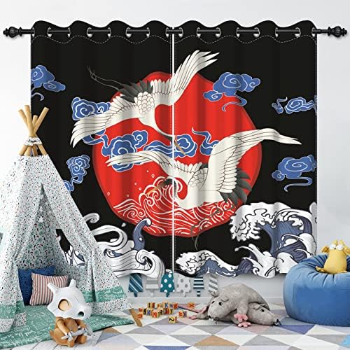 Japanese Style Curtains Flying Crane Red Sun Abstract 3D Printed 2 Panel Set