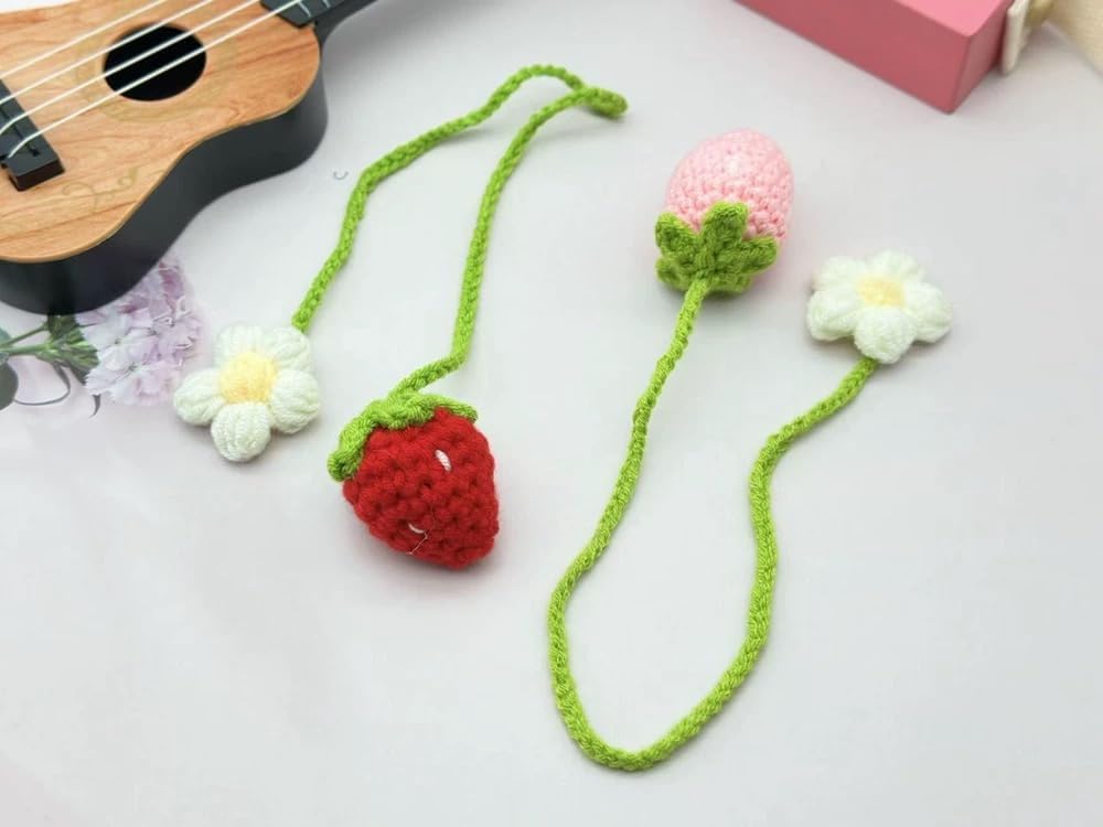 Aeykoasi Crochet Strawberry Car Mirror Accessories 2-Pack