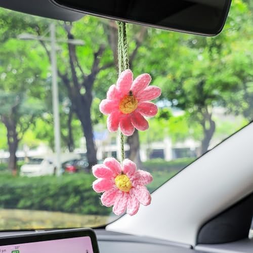 Cute Crochet Double Daisy Rear View Mirror Accessory