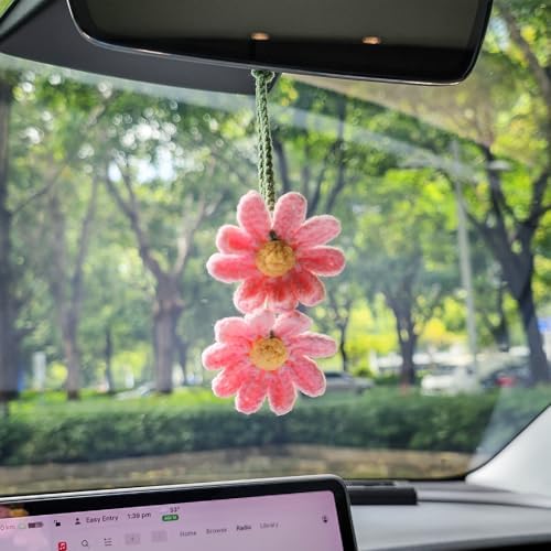 Cute Crochet Double Daisy Rear View Mirror Accessory