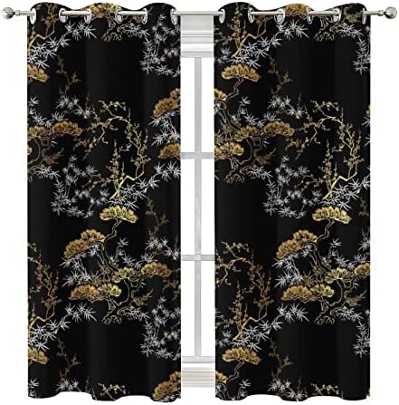 Cool Japanese Curtains Black Gold Pine Pattern Grommet Blackout Curtains 55x63in