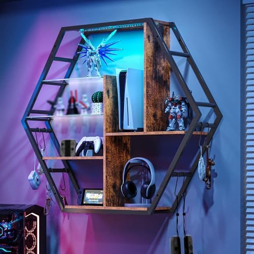 Gaming Shelf with RGB Lights and Hooks - Rustic Brown