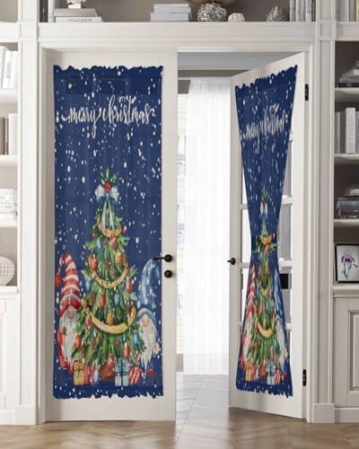 Christmas French Door Curtain with Blue Gnomes and Snowflakes Design