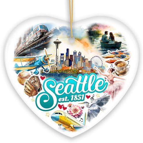 Unique Seattle Watercolor Ceramic Ornament Heart Shape