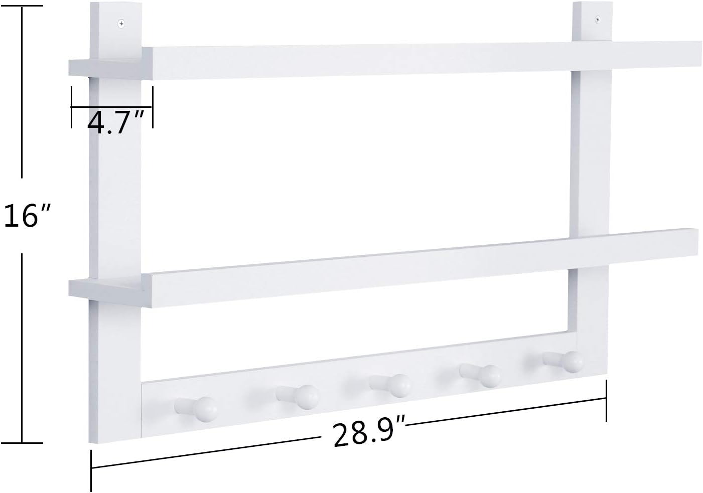 WELLAND 2 Tiers Floating Wall Shelf with 5 Hooks White