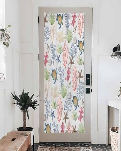Summer Ocean Coral Front Door Curtain with Tiebacks