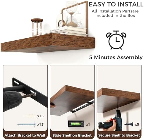 Venusmiles Floating Shelves for Wall 24x12 Inch Brown