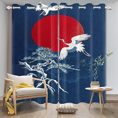 Umpoo Flying Cranes Red Full Moon Printed Curtains 2 Panel Set