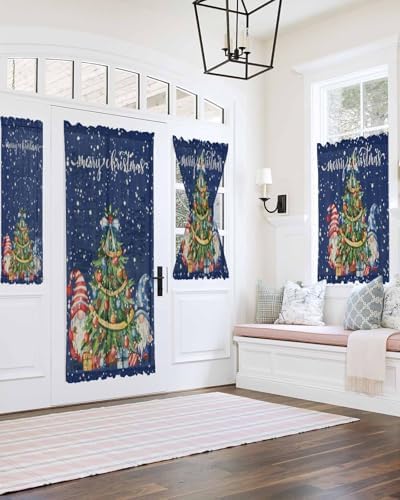Christmas French Door Curtain with Blue Gnomes and Snowflakes Design