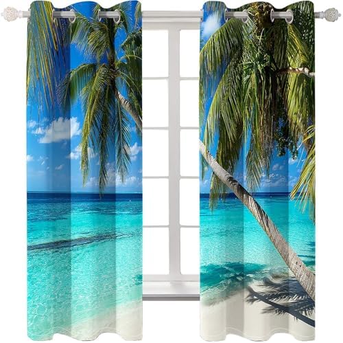 Homxi Kitchen Curtains 2 Pack Blackout with Coconut Trees and Ocean Landscape