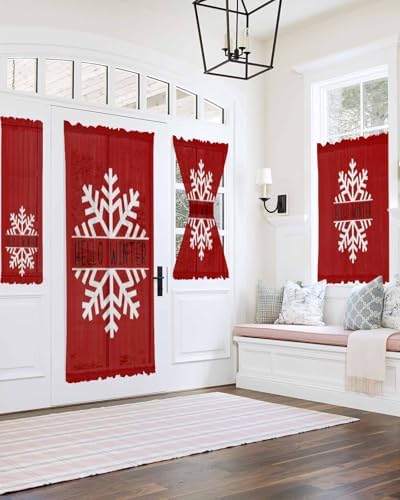 Hello Winter French Door Curtain 54x40 with Snowflake Red Christmas Design