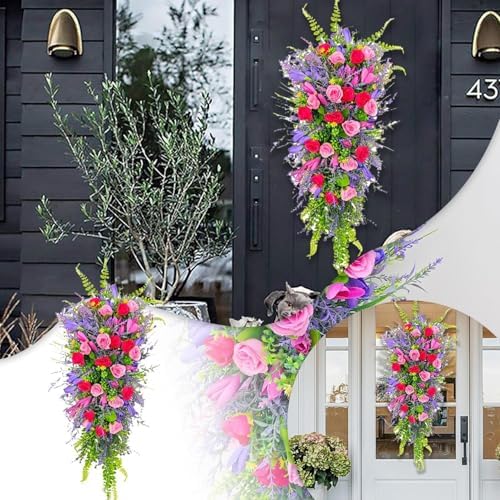 256 Inch Artificial Teardrop Spring Wreath with Flowers and Foliage