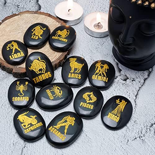 ZAICUS Black Agate Zodiac Symbols Stones Set of 12 for Reiki Healing
