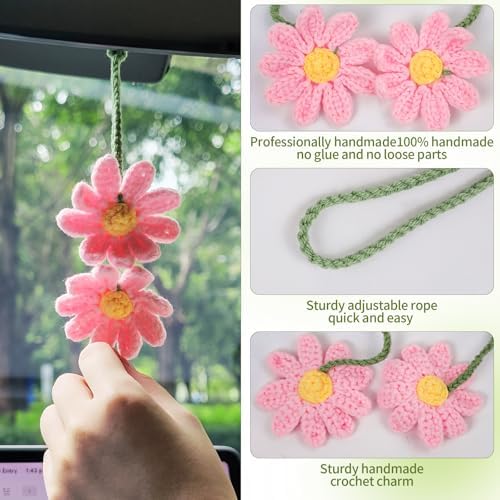 Cute Crochet Double Daisy Rear View Mirror Accessory