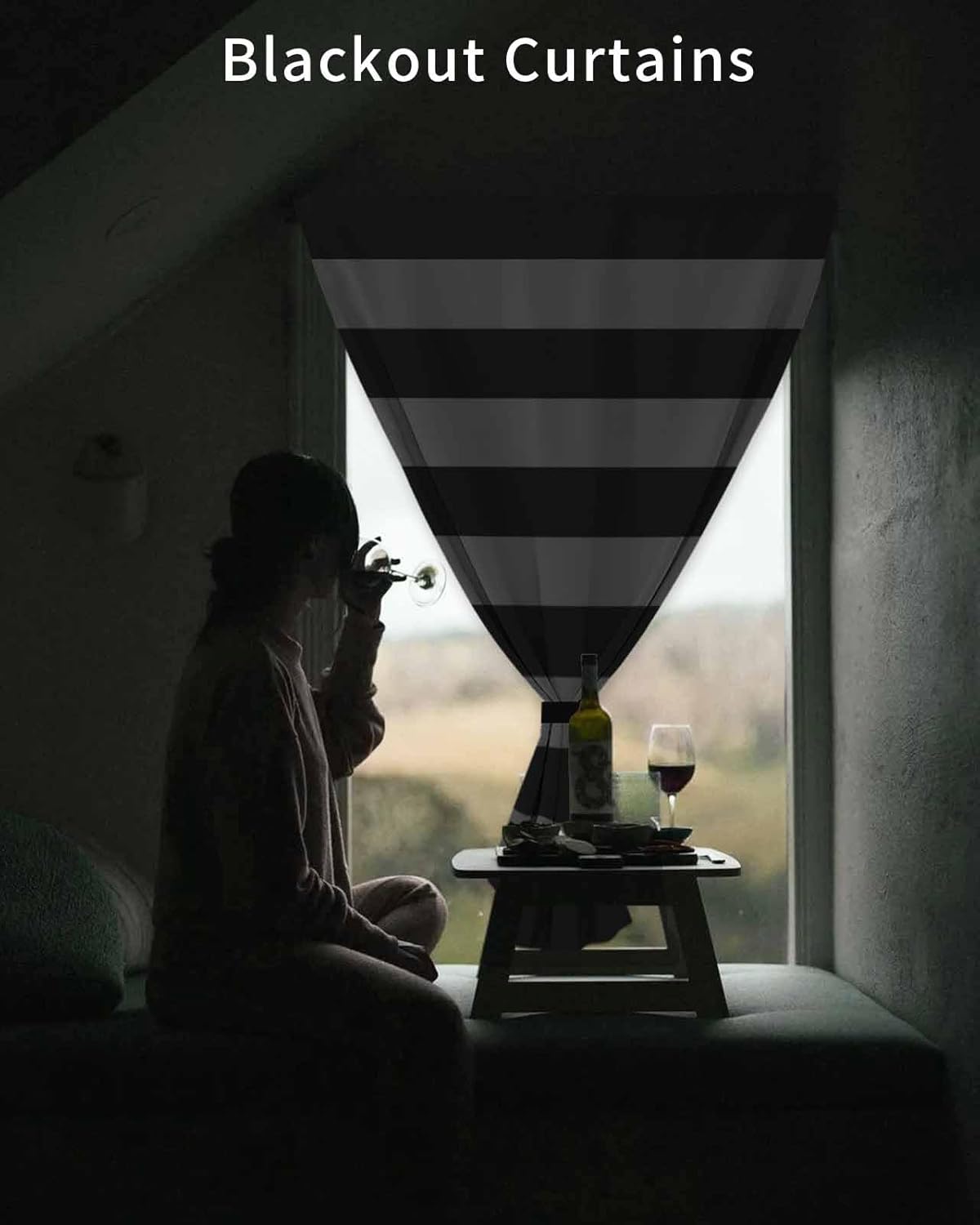 Grey Stripes Self Adhesive Portable Curtains for Windows