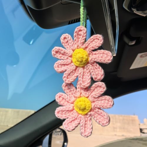 Cute Crochet Daisy Car Hanging Ornament Pink