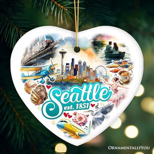 Unique Seattle Watercolor Ceramic Ornament Heart Shape