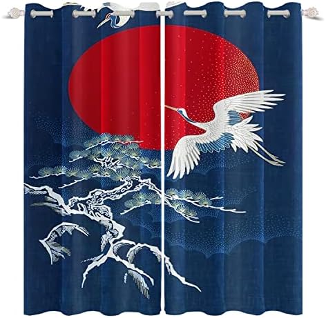 Umpoo Flying Cranes Red Full Moon Printed Curtains 2 Panel Set
