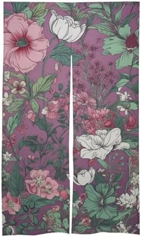 Japanese Noren Door Curtain with Green Flowers Design