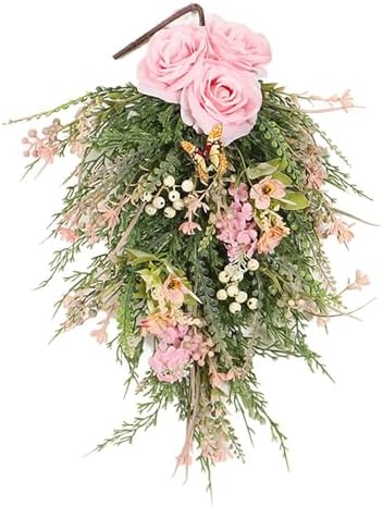 197 Inch Pink Artificial Rose Teardrop Swag Wreath with Butterflies