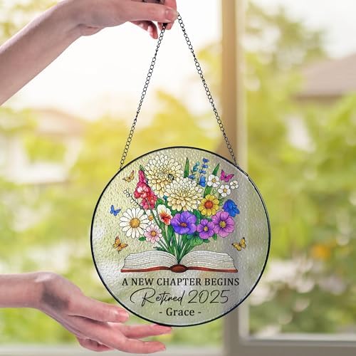 Personalized Retirement Stained Glass Suncatcher - Custom Name Floral Decor